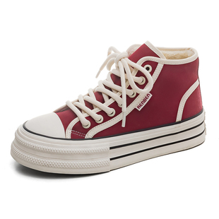 人本加绒帆布鞋女鞋厚底百搭板鞋2026新款秋季保暖复古韩版二棉鞋