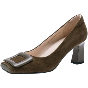 沙驰女鞋春夏新款法式方头方扣粗跟高跟鞋舒适职业通勤鞋百搭单鞋