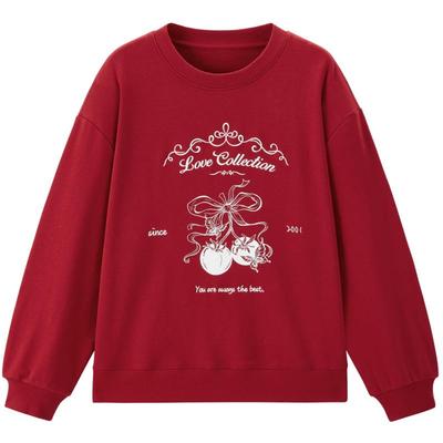 乐町新年红色圆领卫衣2025春季新款宽松卫衣卡通字母印花休闲上衣