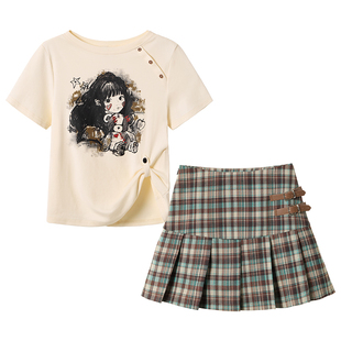 织物猪 小熊巧冰 慵懒学院风百褶短裙套装夏季女印花上衣两件套