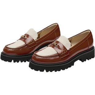 73hours女鞋榛果卷棕色复古时髦毛绒圆头厚底乐福鞋