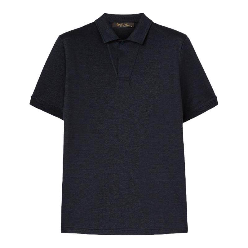 Loro Piana/诺悠翩雅男装午夜蓝色亚麻混纺平纹针织Polo衫