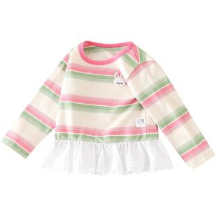 女童长袖T恤春秋季小儿童条纹打底衫女宝宝新款拼接裙式下摆上衣
