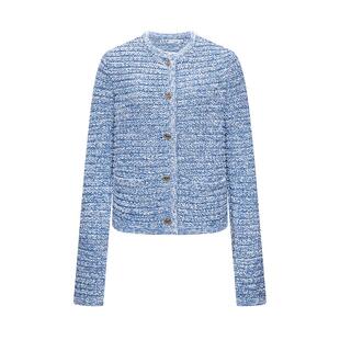 LILY2026春秋新款小香风提花气质通勤圆领短款针织毛衣开衫外套女