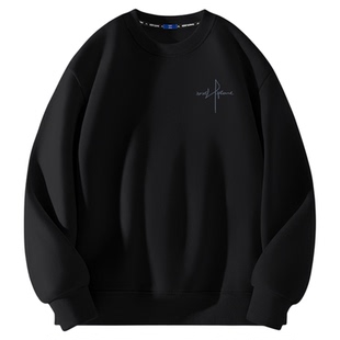 GENIOLAMODE男士圆领卫衣秋冬季宽松无帽加绒上衣黑色高级套头衫