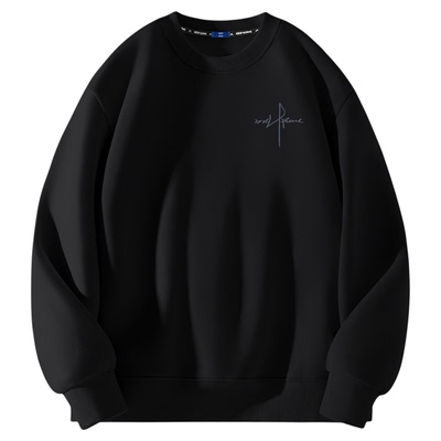 GENIOLAMODE男士圆领卫衣秋冬季宽松无帽加绒上衣黑色高级套头衫