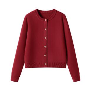 班尼路S&K系列新年红色小香风针织开衫外套春秋新款百搭短款毛衣N