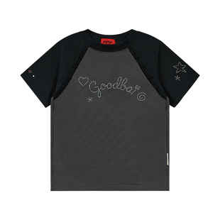 GOODBAI GOODEES烫钻logo拼色插肩短袖T恤