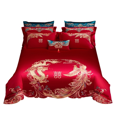 水星家纺60S长绒棉婚庆四件套红色全棉刺绣套件结婚被套床上用品