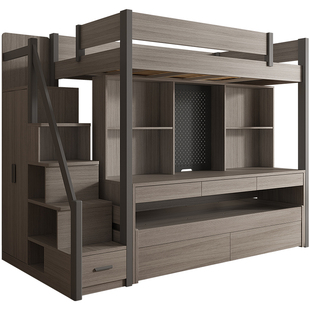 高低上下铺带书桌一体式床小房间实木上床下桌组合儿童上下双层床