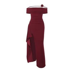 GirlsAt18 红色一字肩连衣裙女高级性感开叉鱼尾裙修身晚礼服长裙