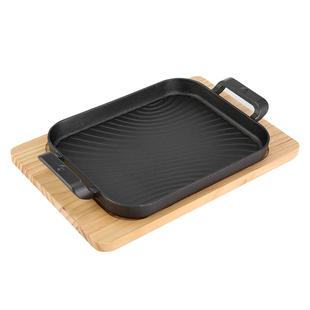 加厚铸铁烤盘长方形商用小份无骨烤鱼饭铁板烧盘配木板电磁炉通用