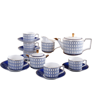 英式下午茶茶具套装优雅蓝圈欧式茶具宫廷家用骨瓷咖啡杯套具