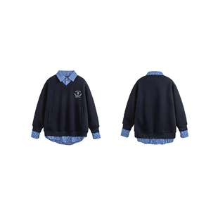 XAKA400g重磅美式复古拼接假两件衬衫学院风卫衣男女百搭宽松上衣