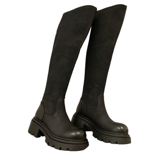 2025年新款英伦风复古圆头增高厚底长筒时装鞋女后拉链加绒过膝靴