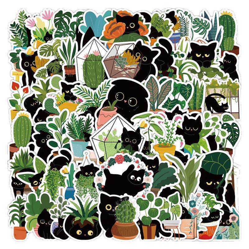 120张植被与小黑猫贴纸ins风小清新可爱小猫图案DIY手账儿童贴画