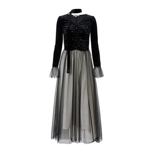 MAXRIENY精致优雅宫廷风连衣裙网纱拼接长裙高级气质感高腰显瘦