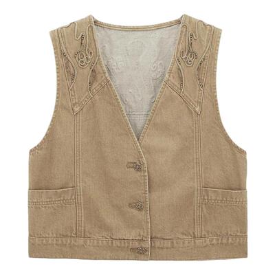 100棉/ MSLAN 26春民族风复古印花V领水洗牛仔马甲背心女MGAM2101