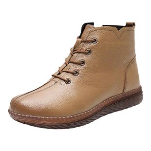 妈妈棉鞋平底短靴真皮牛筋底女士皮鞋冬季加绒软底中老年保暖靴子