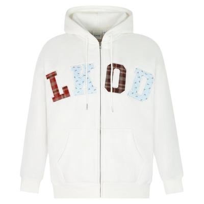 LKOD格子碎花贴布情侣拉链帽衫