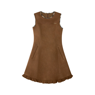 【塞纳午后】Uena棕色仿麂皮绒收腰显瘦荷叶边无袖圆领背心连衣裙