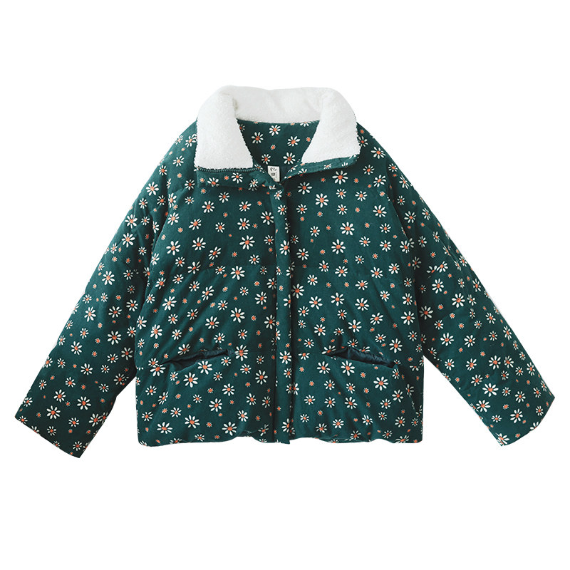 复古灯芯绒印花羽绒服女冬季外套