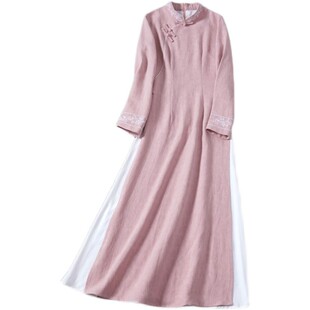 天边月 秋冬新款中式国风奥黛旗袍棉麻绣花提花仙女茶服连衣长裙