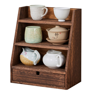 实木杂物化妆品整理桌面置物架收纳架带抽屉收纳盒办公储物整理盒
