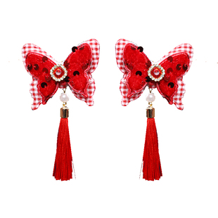 2026秋冬儿童古风对夹国风汉服小女孩蝴蝶结发夹过年红色宝宝头饰