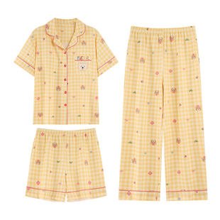 芬腾可安短袖长裤睡衣夏季棉女款三件套夏天2026新款家居服带胸垫