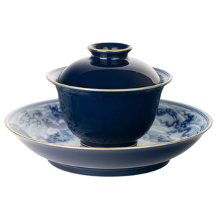 圣山景德镇霁蓝手绘青花仿明双龙海水盖碗陶瓷茶具茶杯手工泡茶碗