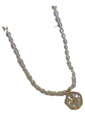 强光米粒淡水珍珠滴釉玫瑰花项链白色珠光珐琅滴釉郁金香锁骨链女