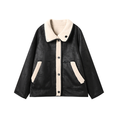 皮革肌理牛角扣廓形外套