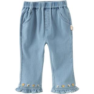 戴维贝拉儿童裤子春季夏装新款女童休闲薄款微喇复古仿牛仔九分裤
