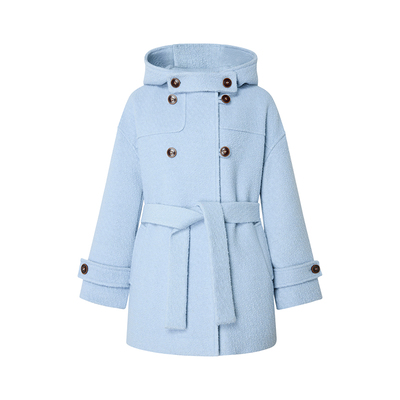Uena蓝色羊毛呢连帽加棉外套
