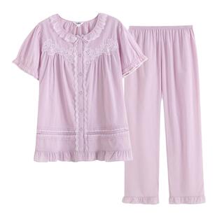 伊丝芬春夏100%纯棉60支梭织布圆领镶荷叶边短袖长裤衣裤套33062