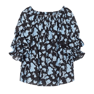 NEELLY纳俪商场同款一字肩七分袖雪纺上衣女夏季甜美洋气碎花衬衫