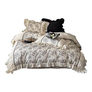 法式浪漫复古褶皱边全棉印花四件套纯棉轻奢高级感床单被套公主风