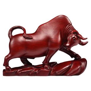 红木牛摆件红色木牛中式工艺品实木雕刻木质华尔街牛客厅家居饰品