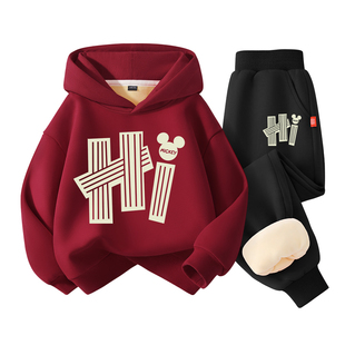 迪士尼男童冬装套装2025新款潮帅气时髦男孩衣服儿童加绒卫衣红色