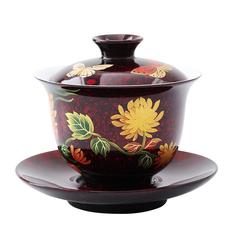 大漆三才盖碗手工非遗漆器茶具