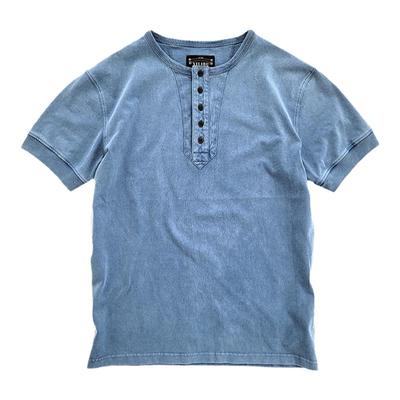 西里布浅蓝色拔染亨利半袖复古