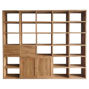 老榆木书架定制满墙全实木落地吊柜置物收纳架靠墙格子架拐角榫卯