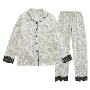 春夏秋薄纯棉泡泡棉纱素花碎花蕾丝宽松长袖翻领家居服睡衣套女