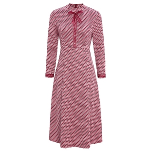 马天奴2025秋冬新款红色提花格纹连衣裙子立领蝴蝶结收腰长袖气质