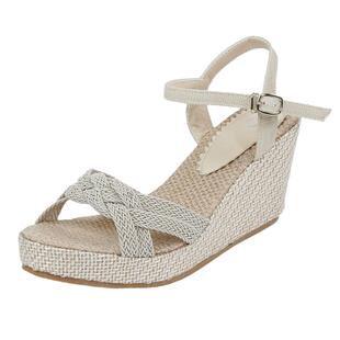 2025夏季新款韩版亚麻凉鞋尼龙编织带麻底坡跟防水台罗马露趾女鞋