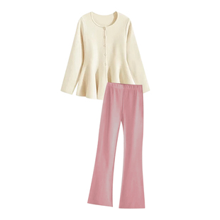 孕妇套装春秋2026新款韩版高级感杏色减龄针织圆领上衣裤子两件套