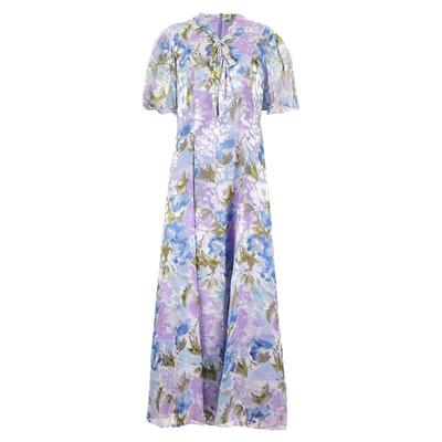 阿丹娜紫色真丝飘带提花连衣裙