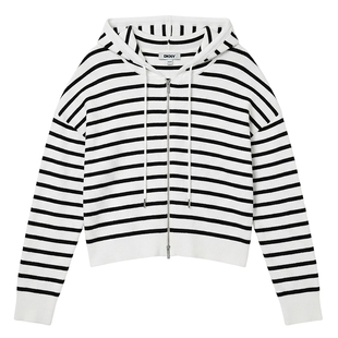 DKNY唐可娜儿26春季新款针织开衫外套女连帽卫衣黑白条纹拉链上衣