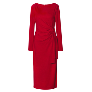 罗衣气质红色宴会端庄收腰绑带连衣裙春修身显瘦针织包臀裙13306